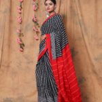 B & W Cotton Saree with Red Pallu