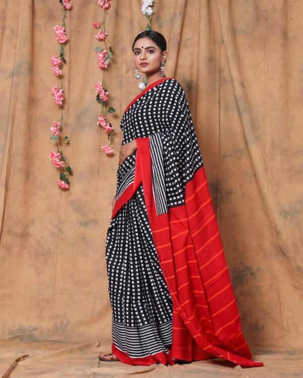 B & W Cotton Saree with Red Pallu