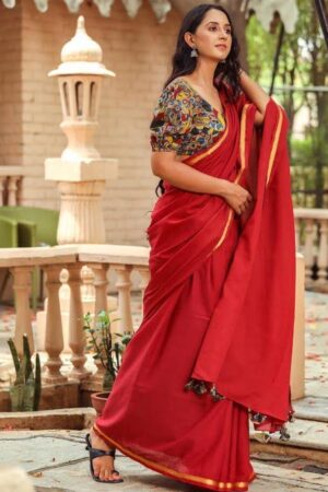 Cardinal Red Cotton Saree with Jari Border