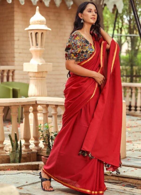 Cardinal Red Cotton Saree with Jari Border