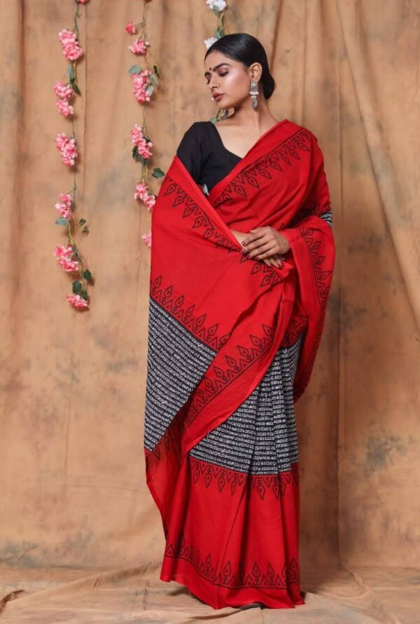 Mulmul Cotton Saree Crimson Red and Black