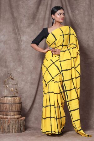 Marigold Yellow and Black Cotton Saree