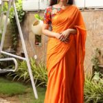 Tango Orange Cotton Saree with Kalamkari Blouse