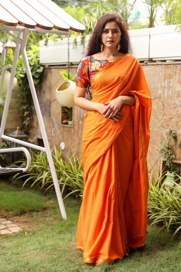 Tango Orange Cotton Saree with Kalamkari Blouse