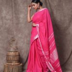 Violet Red Linen Cotton Saree with Silver Border
