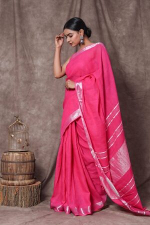 Violet Red Linen Cotton Saree with Silver Border