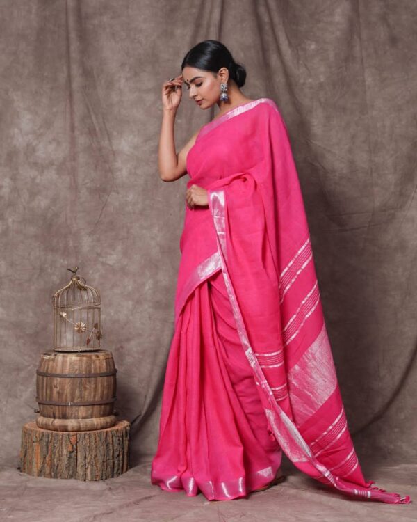 Violet Red Linen Cotton Saree with Silver Border