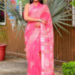 Watermelon Red with Flora Design Cotton Saree