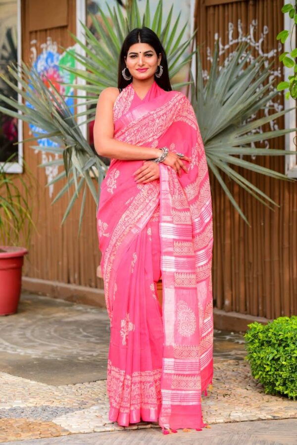 Watermelon Red with Flora Design Cotton Saree