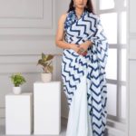 White and Mystic Blue Cotton Saree