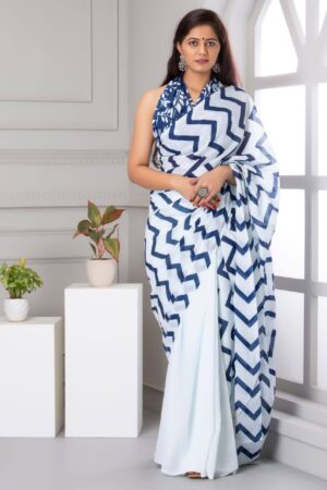White and Mystic Blue Cotton Saree