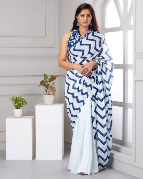 White and Mystic Blue Cotton Saree