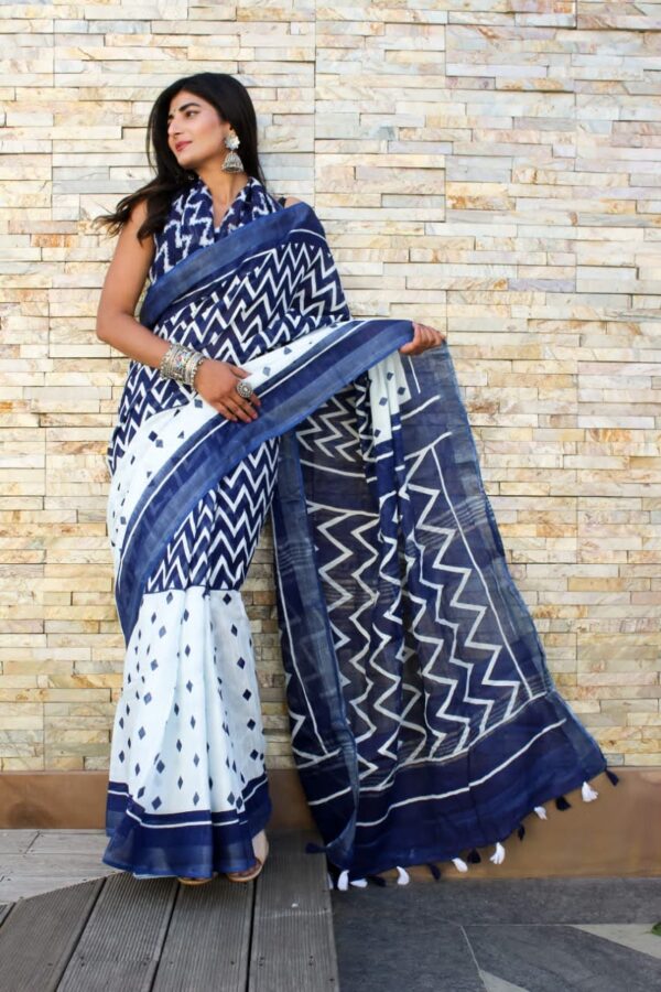 Zodiac Blue and White Cotton Saree