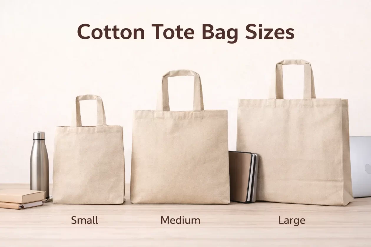 Cotton tote bag size comparison showing small medium and large bags